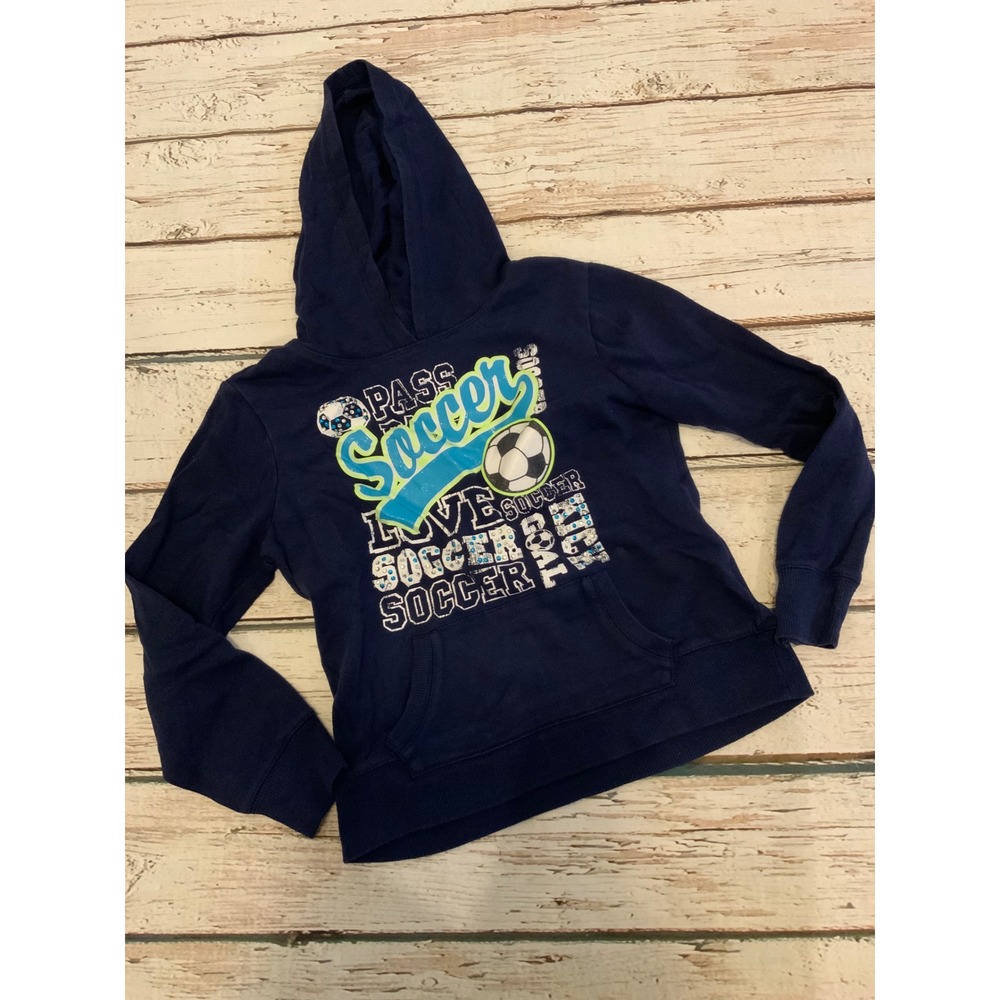 Justice Girls Navy Blue Soccer Graphic Hoodie Fleece Pullover Size 8